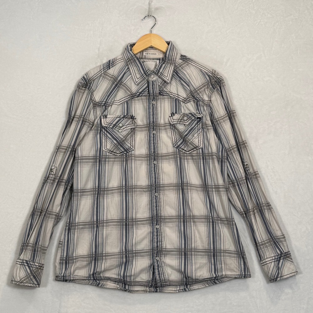 BKE Blue Plaid Slim Fit Stretch Western Snap Shirt XL